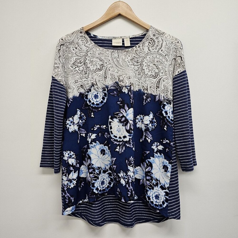 Chicos Womens Top Sz 0 Small Blue Floral Paisley 3/4 Slv Linen Polyester Blend